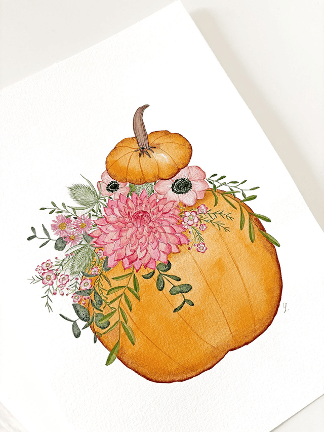 Aquarelle originale A4 - Citrouille fleurie 