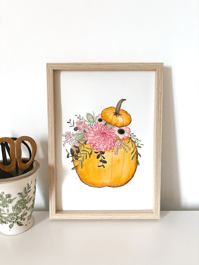 Aquarelle originale A4 - Citrouille fleurie 