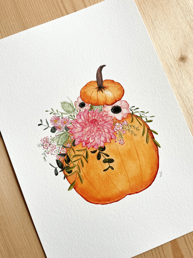 Affiche aquarelle A4 - CITROUILLE FLEURIE