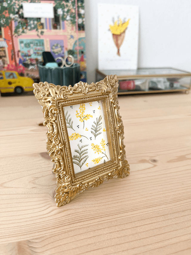 Aquarelle originale - Cadre doré miniature Mimosa 