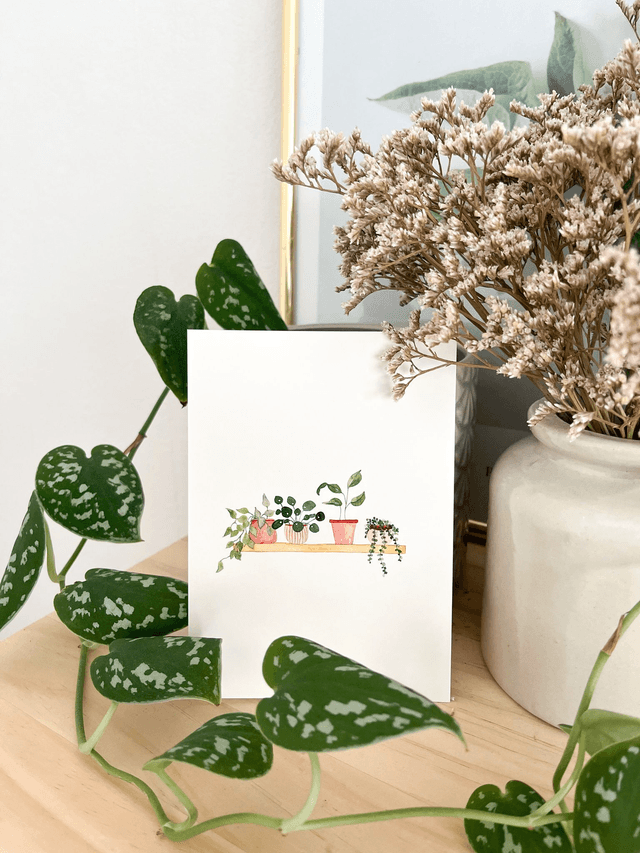 Carte postale aquarelle - Etagère de plantes vertes