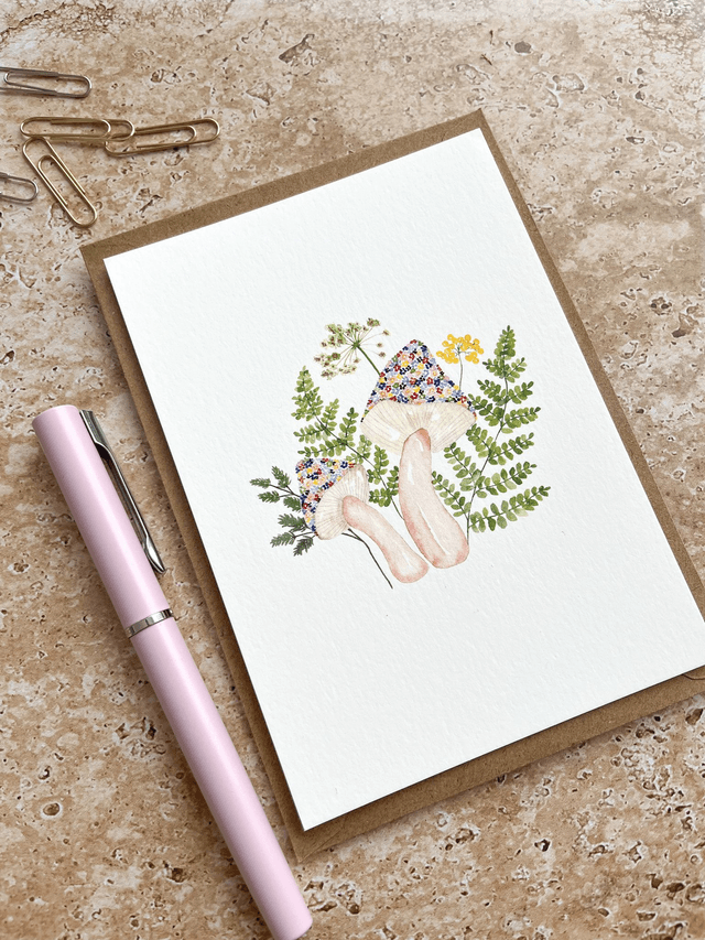 Carte postale aquarelle - Champignons fleuris