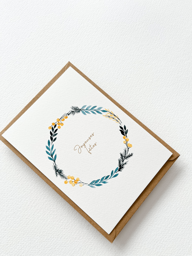 Carte de voeux aquarelle - Couronne Joyeuses fêtes