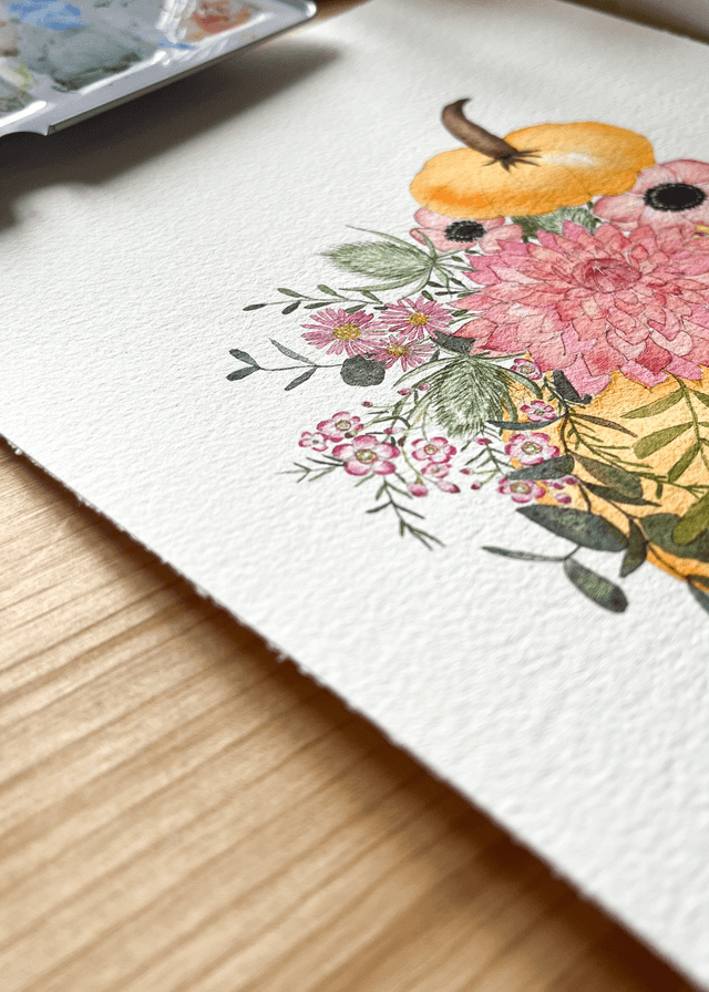 Aquarelle originale A4 - Citrouille fleurie 