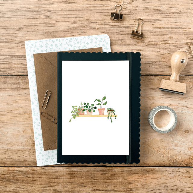 Carte postale aquarelle - Etagère de plantes vertes
