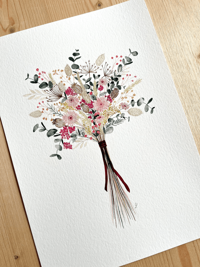 Affiche aquarelle A4 - Bouquet FLEURS SÉCHÉES