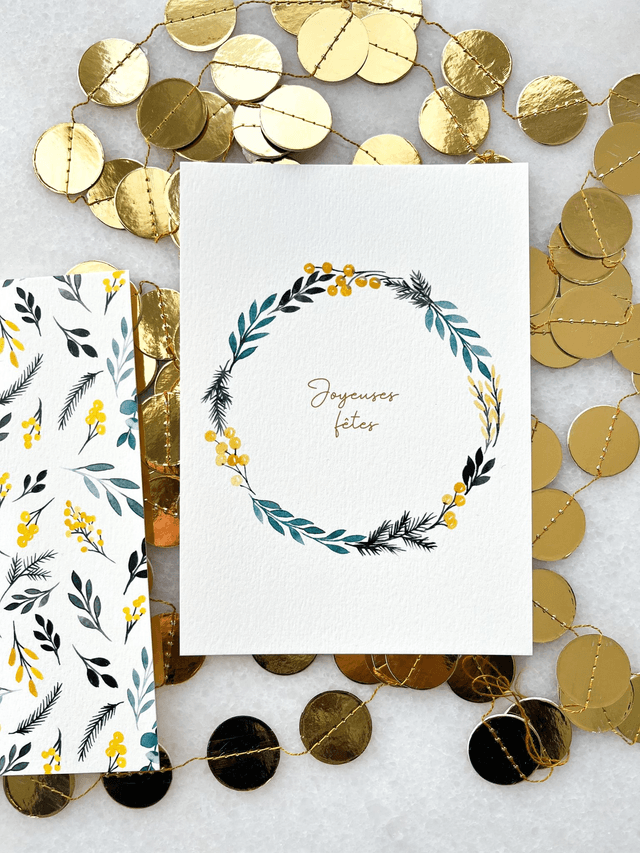 Carte de voeux aquarelle - Couronne Joyeuses fêtes
