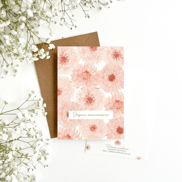 Carte postale aquarelle - Joyeux anniversaire (dahlias) 