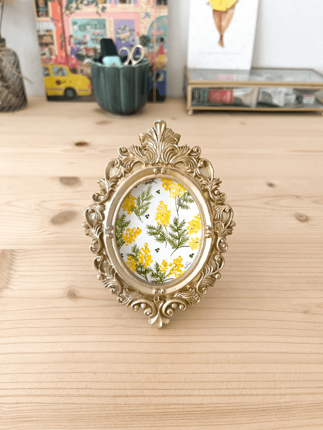 Aquarelle originale - Cadre doré miniature Motif Mimosa 