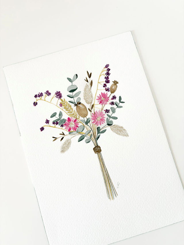 Aquarelle originale A5 - Fleurs séchées