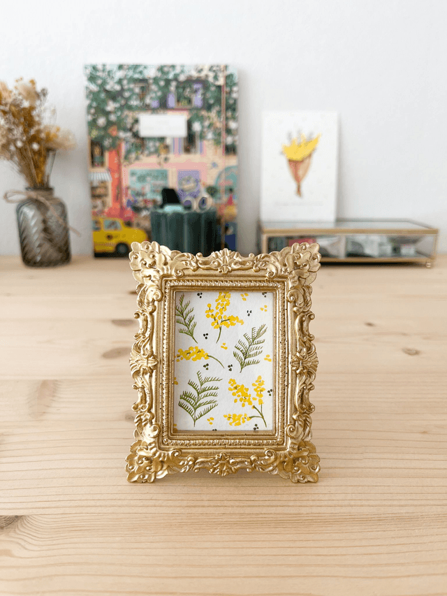 Aquarelle originale - Cadre doré miniature Mimosa 