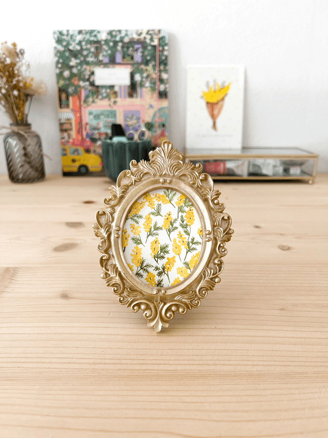 Aquarelle originale - Cadre doré miniature Motif Mimosa 