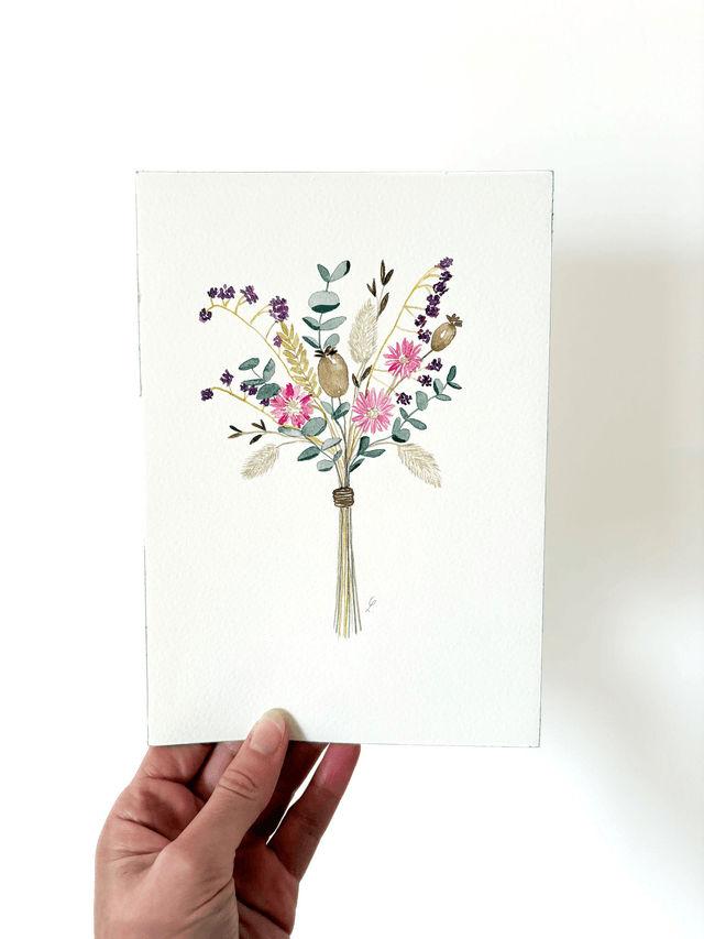 Aquarelle originale A5 - Fleurs séchées