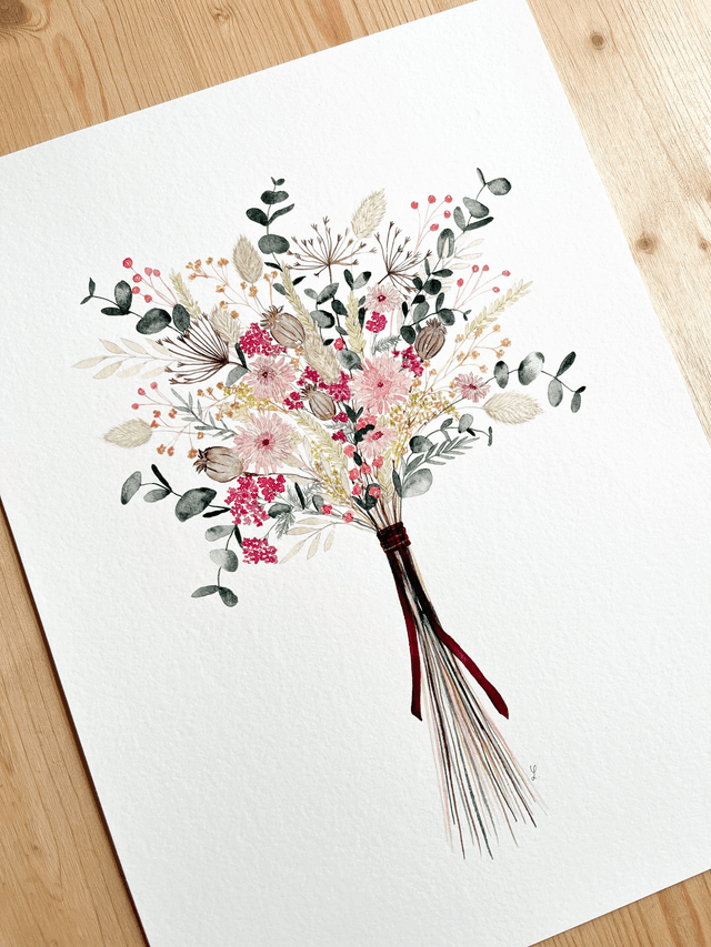 Affiche aquarelle 30x40 cm Bouquet FLEURS SÉCHÉES