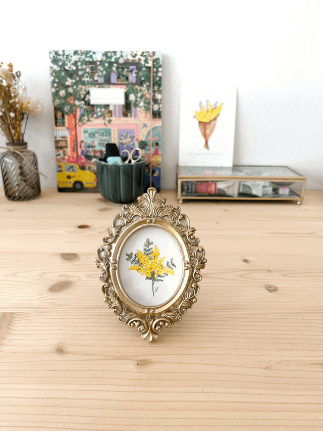 Aquarelle originale - Cadre doré miniature Branche de Mimosa 