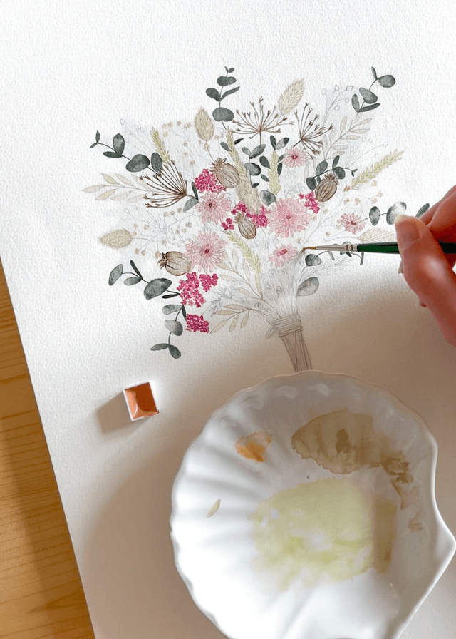 Aquarelle originale 30x40 cm - Bouquet de fleurs séchées 