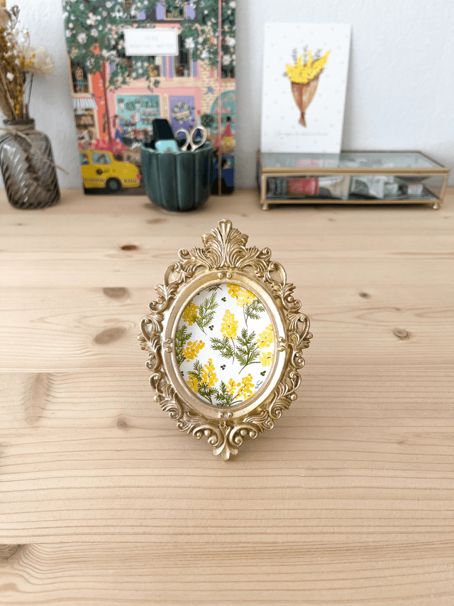 Aquarelle originale - Cadre doré miniature Motif Mimosa 