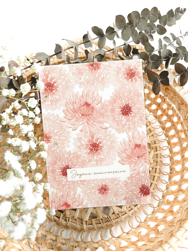 Carte postale aquarelle - Joyeux anniversaire (dahlias) 
