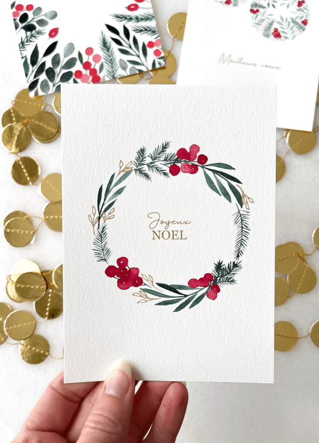 Carte de voeux aquarelle - Couronne Joyeux Noël 