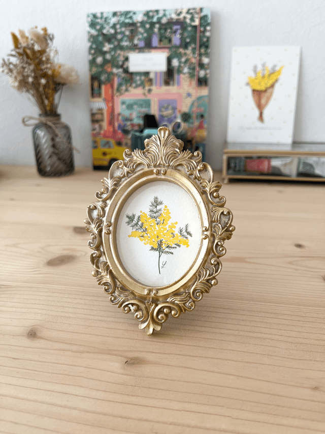 Aquarelle originale - Cadre doré miniature Branche de Mimosa 