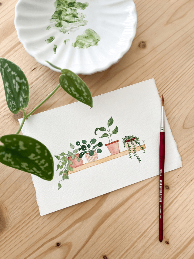 Carte postale aquarelle - Etagère de plantes vertes