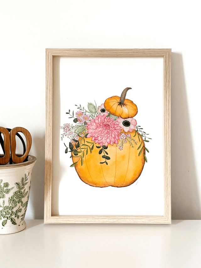 Aquarelle originale A4 - Citrouille fleurie 