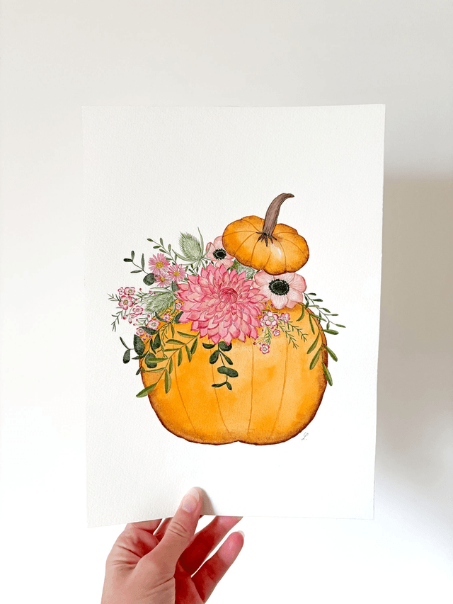 Aquarelle originale A4 - Citrouille fleurie 