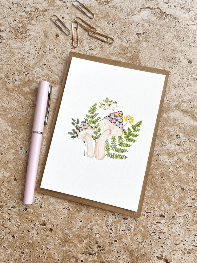 Carte postale aquarelle - Champignons fleuris