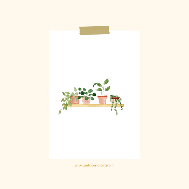 Carte postale aquarelle - Etagère de plantes vertes